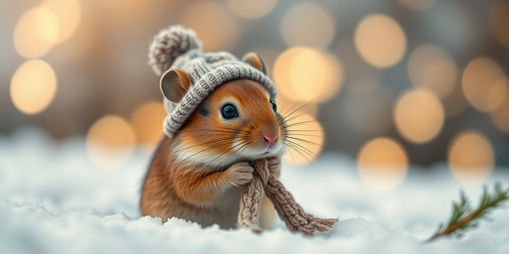 photograph a cute brown mouse wearing a knitted hat and scarf, set in a snowy landscape with soft bokeh lights in the background, shot with a Canon EOS R5, 85mm f/1.4 lens, aperture at f/2.8, ISO 200, and a shallow depth of field for a warm and detailed look