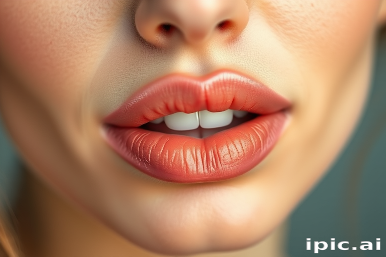 Soft peach woman lips with dewy finish, enhancing natural beauty and creating a fresh, youthful appearance