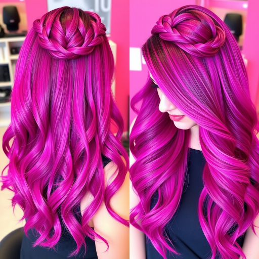 Vibrant magenta ombre hair cascading in long, silky waves, styled by "Neon Nights" salon, featuring a subtle undercut and luminous streaks that shimmer under different lighting, with intricate braided details adorning the crown and a soft side-swept fringe framing the face elegantly.