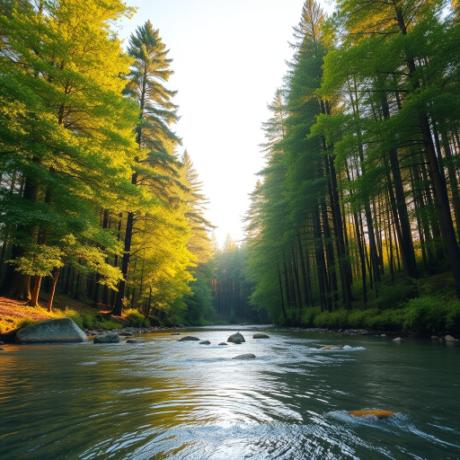 Create an image of a serene, sunlit forest scene with a clear, gently flowing river. Tall trees with lush green foliage line both sides of the river, their leaves bathed in the warm golden light of the setting or rising sun. The sunlight filters through the trees, casting soft, dappled light on the river, which flows over smooth rocks and pebbles, creating a peaceful, natural atmosphere. The sky is bright with a few scattered clouds, and the overall mood is tranquil, evoking a deep sense of connection with nature. The image captures the beauty of a calm, pristine forest landscape at either dawn or dusk.