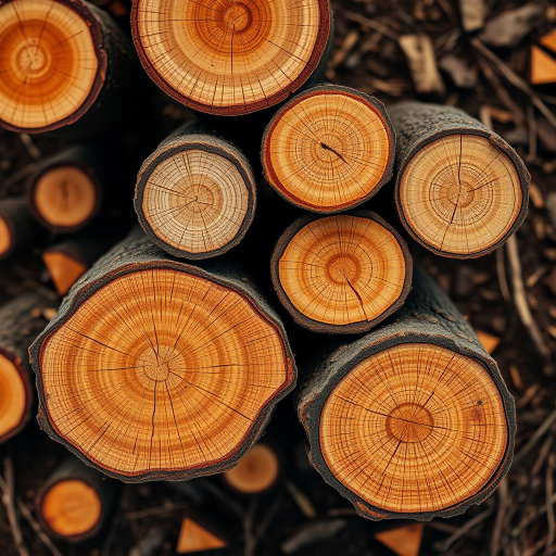 generate an image of four timber logs stacked together, use a macro lens, aperture f/2.8, ISO 100, natural lighting, top-down view, high-resolution digital photography