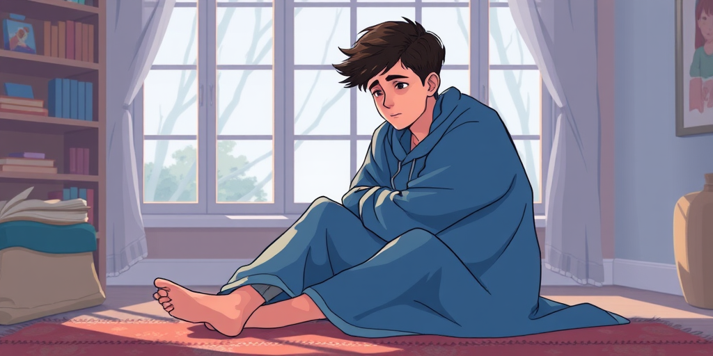 Create an illustration of a young man sitting on the floor wrapped in a blue blanket, with a sad expression, in a cozy room with a large window, using a soft color palette, 35mm lens, f/2.8 aperture, natural light, digital style.