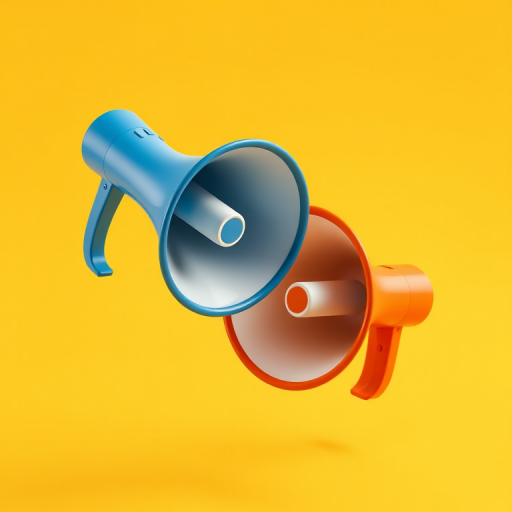 Create an illustration of two stylized megaphones on a bright yellow background, one in blue and one in orange, using a Canon EOS R5 camera with a 50mm lens f/1.8, ISO 100, shot at a 45-degree angle with soft diffused lighting for a clean, vibrant look.