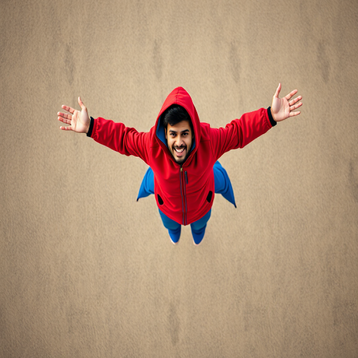 Create an image of a person in mid-air wearing a red and blue outfit with arms outstretched, captured with a DSLR camera at f/2.8, ISO 100, 1/1000 sec shutter speed, wide-angle lens at 24mm, overhead view, vibrant colors and high contrast to enhance image quality.