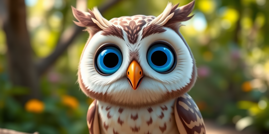 Create a high-quality cartoon image of a cheerful owl character with large blue eyes and a friendly smile, captured with a DSLR camera at f/2.8 aperture, 50mm lens, in a vibrant outdoor setting with soft natural lighting.