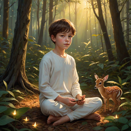 A luminous digital painting of a serene forest scene featuring a barefoot young boy, about 7 years old, with brown hair and fair skin, dressed in a simple white outfit. He sits cross-legged on the forest floor, gazing at a small, glowing, magical firefly in his hand. Beside him, a delicate spotted deer lies calmly on a bed of dried leaves, observing the scene. The dense forest is bathed in warm, golden light filtering through the trees, creating a peaceful, magical atmosphere with a blend of natural and mystical elements.