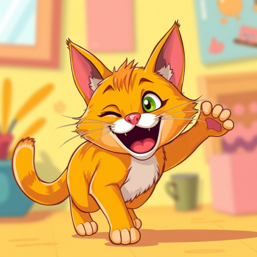 Create a vibrant cartoon-style illustration of a playful orange cat with exaggerated features, capturing dynamic movement and expressions, using a Canon EOS R5 camera at ISO 100, f/4 aperture, 50mm lens, shot in a bright and colorful setting.