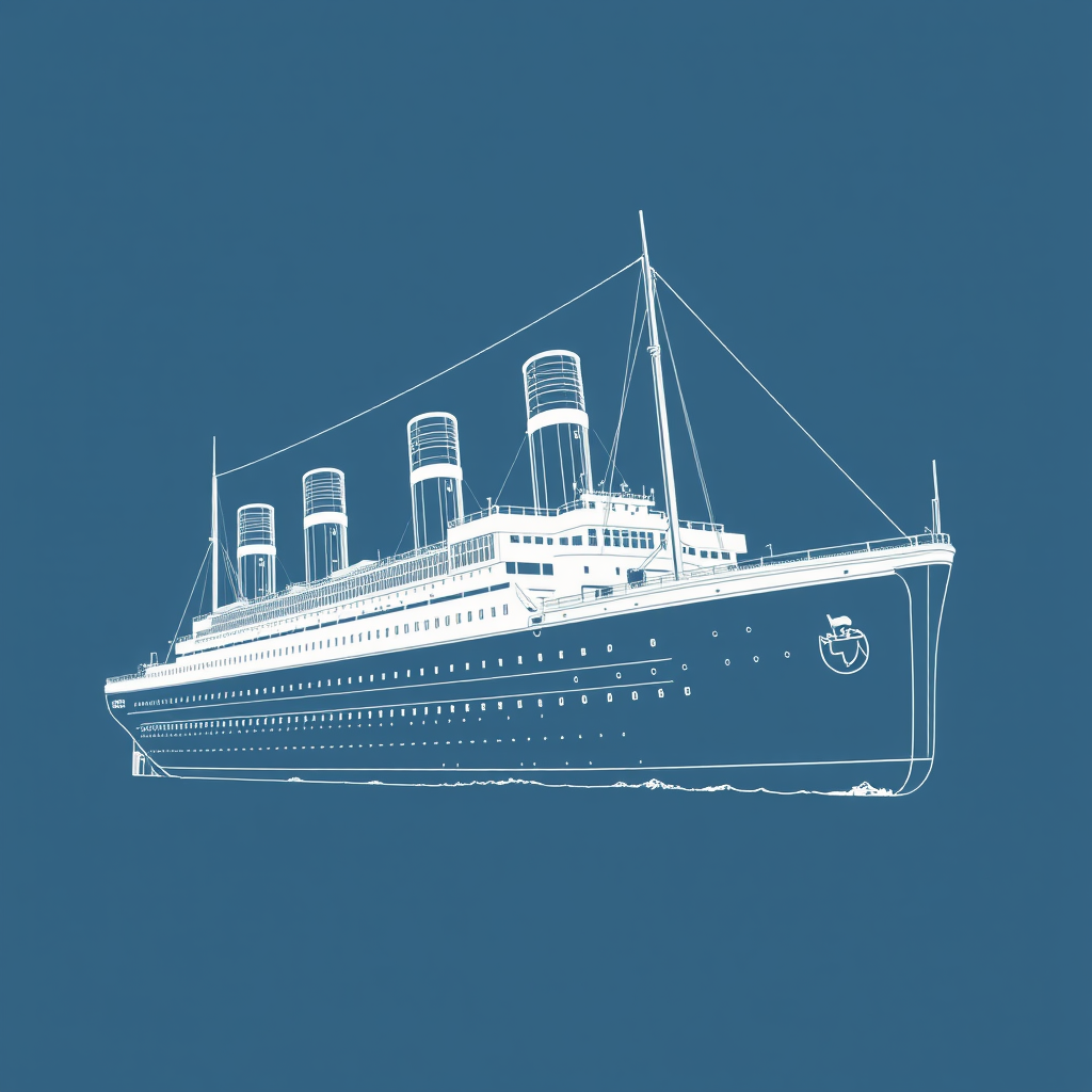 Create a high-resolution side view illustration of the Titanic, detailed line art, with a focus on ship's structure and sails, using a Canon EOS R5, 50mm lens, f/8 aperture, ISO 100, natural light for clarity and depth.