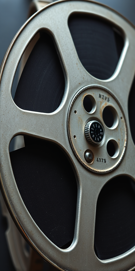 high-resolution image of a vintage film reel with detailed texture, captured with a DSLR camera at f/4 aperture, ISO 100, 50mm lens, top-down view, in natural light for enhanced contrast and clarity