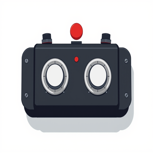 Create a high-resolution illustration of a black control box with two white dials and a red button on top, using 50mm lens at f/8 aperture, ISO 100, shot from a top-down view, in a minimalist style.