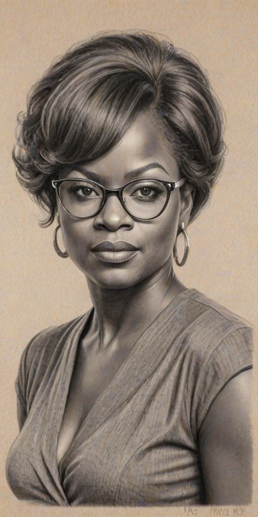 Enticing Viola Davis, pencil sketch, portrait of Captivating woman 1957s in glasses, hair style beatnik, outline, clear lines, fine lines, 8k
