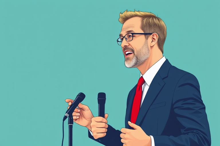 Create a vector illustration of a man in a suit with a red tie, engaging in a conversation while holding two microphones, captured in a clean, minimalist style, using a Canon EOS R5 with a 50mm lens at f/1.8, ISO 100, and a shallow depth of field for enhanced clarity and focus on the subject against a soft teal background.