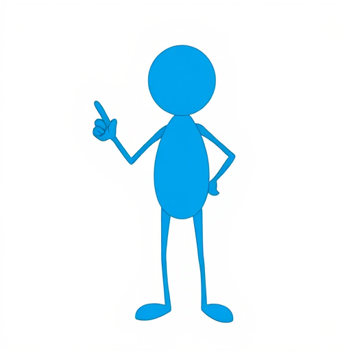 Create a high-resolution illustration of a simple blue stick figure with an oval body, pointing with one finger, set against a plain white background, with a focus on vibrant colors and clarity, shot in a close-up view with a DSLR camera at f/8 aperture, ISO 100, and a focal length of 35mm to enhance image quality.