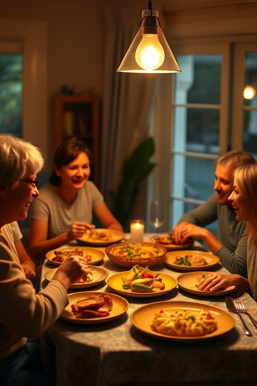 Warmly lit image of a family sitting around a dining table, sharing a meal, soft glow from the overhead light reflecting off plates of food, laughter and conversation filling the room, the smell of home-cooked dishes lingering in the air.