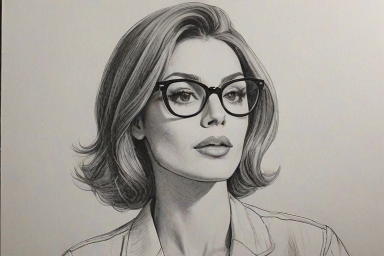 Exquisite Dawn Olivieri, pencil sketch, portrait of Radiant woman 1960s in glasses, hair style beatnik, outline, clear lines, fine lines, 8k