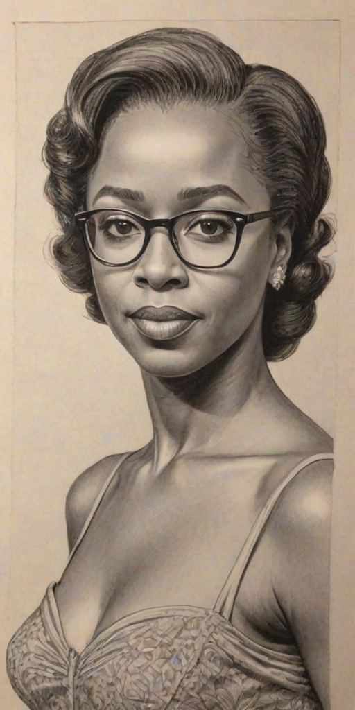 Graceful Courtney B. Vance, pencil sketch, portrait of Stunning woman 1938s in glasses, hair style beatnik, outline, clear lines, fine lines, 8k