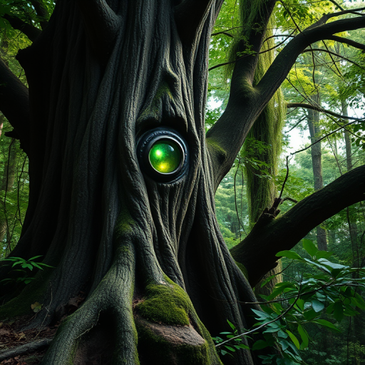Create a highly detailed fantasy forest scene featuring a majestic tree spirit with glowing eyes, surrounded by lush greenery, soft natural lighting, shot with a Nikon D850 at f/2.8, 50mm lens, in portrait view to emphasize the intricate textures of the tree bark and foliage.