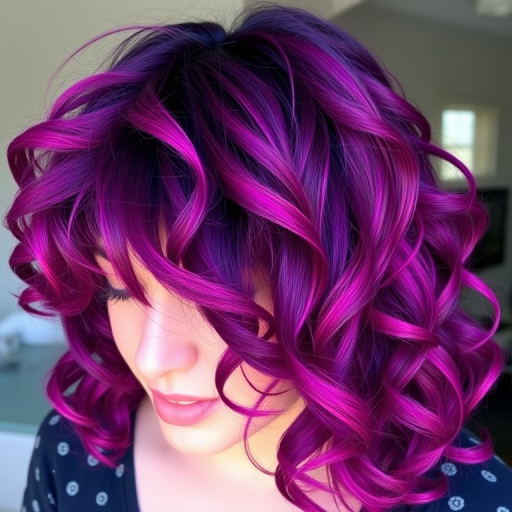 Deep purple to magenta gradient hair styled in loose spiral curls, known as "Twilight Cascade" style, featuring a center part and face-framing tendrils