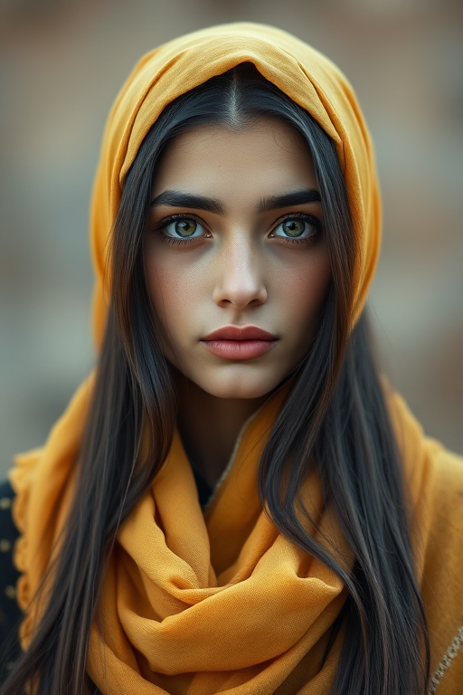 Create a portrait of a young Coptic woman with long, dark hair and captivating hazel eyes. She is wearing a Yellow headscarf and a matching scarf draped gracefully around her neck. The background is softly blurred, focusing attention on her serene and natural expression. The overall color palette is muted and warm, enhancing the intimate and authentic feel of the portrait.