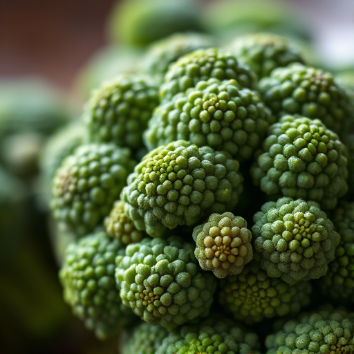 high-resolution close-up of fresh broccoli with a shallow depth of field, taken with a DSLR camera at f/2.8, ISO 100, 50mm lens, natural light, vibrant colors.