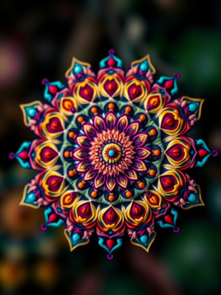 Create a high-resolution image of an intricate mandala design with vivid colors and fine details, captured using a Nikon D850 camera, 50mm lens, f/2.8 aperture, ISO 100, and soft focus background to enhance depth and clarity.