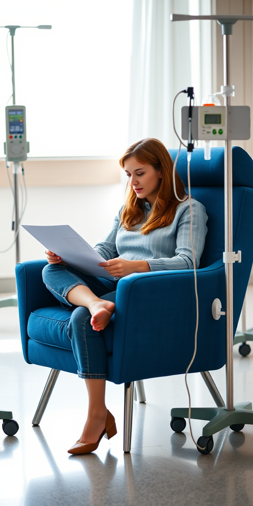 A woman sitting in a blue modern armchair reading a document, with an IV stand beside her, in a bright and well-lit hospital room, shot with a DSLR camera at f/2.8 aperture, 50mm lens, ISO 200, soft natural light, aimed at a slightly high angle to capture the subject clearly.