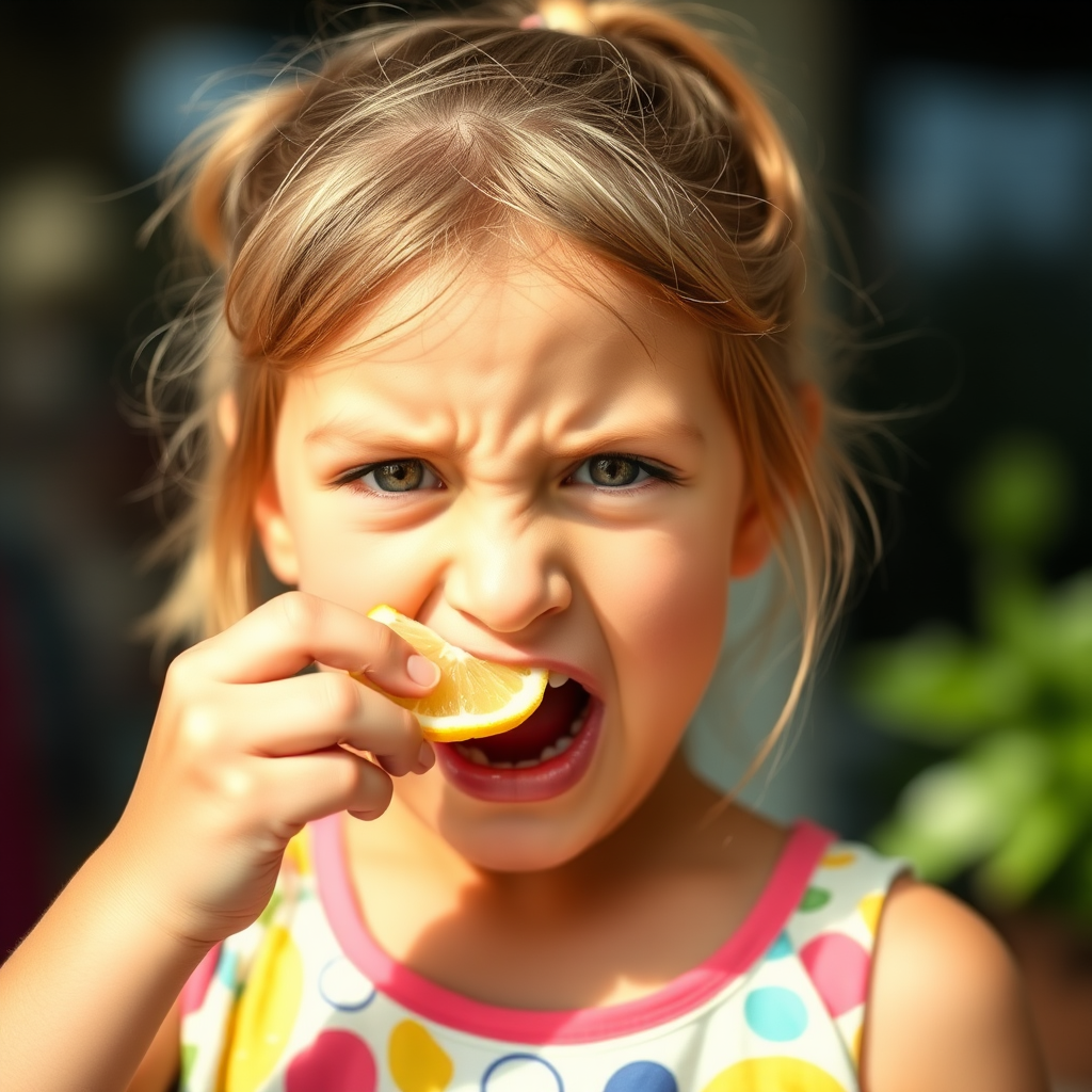 A candid photograph of a young girl biting into a slice of lemon. Her face is scrunched up from the sour taste, capturing a moment of surprise and playfulness. She has light brown hair, tied back in a ponytail, and wears a casual, colorful top. The background is softly blurred, keeping focus on her expression and the lemon slice. Natural lighting illuminates her face, highlighting her reaction with a soft, warm tone. The image has a bright and cheerful atmosphere, with a high contrast. The photo was captured with a 50mm lens and shot on Kodak Portra 160 film.