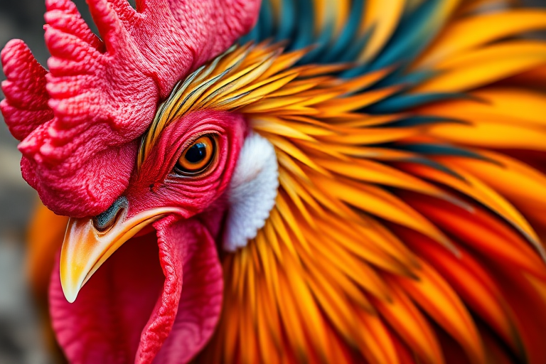 Regenerate a detailed illustration of a rooster in vibrant colors, capturing intricate feather patterns and textures, with a DSLR camera at f/2.8 aperture, 50mm lens, ISO 200, through a macro view to enhance clarity and depth of field.