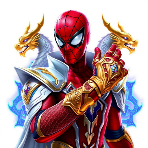 A high-budget, anime-style wallpaper featuring Spiderman in an epic White, blue red Kirin armor. Golden dragon gloves, the gloves is in the shape of dragon heads, Golden dragon head gloves, White glossy eyes, The armor is designed with metallic details that reflect light, showcasing intricate Kirin motifs. Spiderman's armor is a striking gradient of blue, red and white, with Colorful galaxy inner sections, making it look both powerful and sleek. The background is flat white, with Kirin-shaped blue-violet glowing rune relic to give the impression power, striking pose, the Kirin's armor is dominantly in white, with some details in blue and red, Cinematic anime action scene, cinematic action pose, medium shot action portrait, dramatic effect of shadow and light.