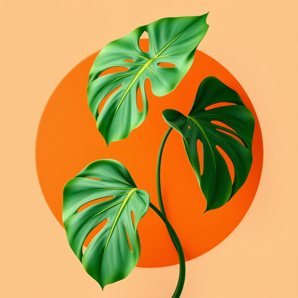Create an illustration of two monstera leaves intertwined on a textured orange circular background, using a digital art style with vibrant colors and smooth lines, shot in high resolution with a Canon EOS R5 at f/2.8, ISO 100, 50mm lens, soft natural lighting for enhanced detail and clarity.
