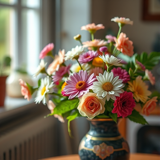 flower arrangement in a decorative vase, soft natural lighting, f/2.8 aperture, ISO 100, 50mm lens, shallow depth of field, captured with a DSLR camera, focus on flowers with a blurred background.