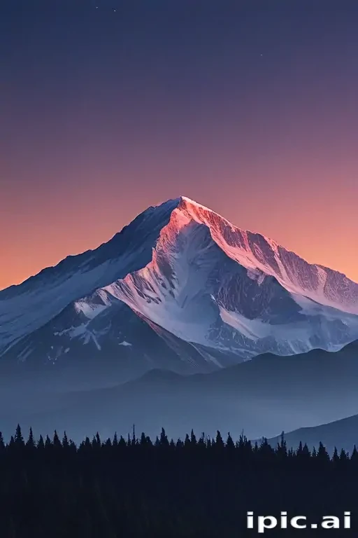 Majestic Mountain Peak Bathed in Sunset Glow Over Tranquil Forest