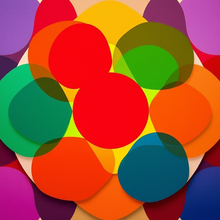 Create a vibrant abstract design featuring overlapping colorful shapes in a circular pattern with a central empty circle, shot with a DSLR camera at f/8, ISO 100, 50mm lens, in macro mode to enhance detail and clarity.