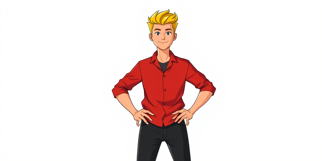 Create a vibrant vector illustration of a confident young man standing with hands on hips, wearing a red shirt and black pants, with a bright yellow hairstyle, using a high-resolution digital camera, 50mm lens, f/2.8 aperture, and a slight angle view for added depth.