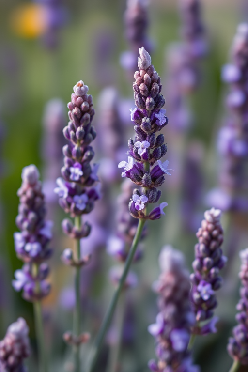 Lavender flowers in full bloom with a macro lens, aperture f/2.8, ISO 100, 50mm lens, natural lighting, shallow depth of field for background blur.