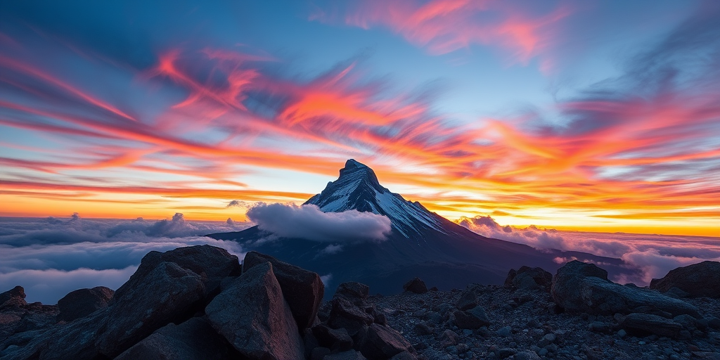 Capture a high-resolution landscape photograph of a mountain peak emerging from clouds at sunset with vibrant colors, using a DSLR camera with a 24mm lens at f/8, ISO 100, and a shutter speed of 1/60s, shot from a low angle to highlight foreground rocks and an expansive sky.