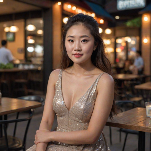 photo of woman:Bobby Lee:0.4, highlight hair, sitting outside restaurant, wearing dress, rim lighting, studio lighting, looking at the camera, dslr, ultra quality, sharp focus, tack sharp, dof, film grain, Fujifilm XT3, crystal clear, 8K UHD, highly detailed glossy eyes, high detailed skin, skin pores