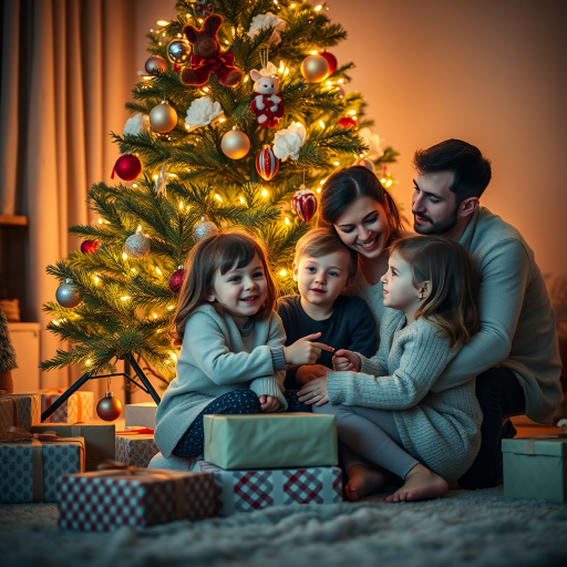 Warm, intimate photo of a family gathered around a Christmas tree, soft glow from the lights reflecting off ornaments, presents stacked under the tree, children's faces lit up with joy, the smell of pine and cinnamon lingering in the air.