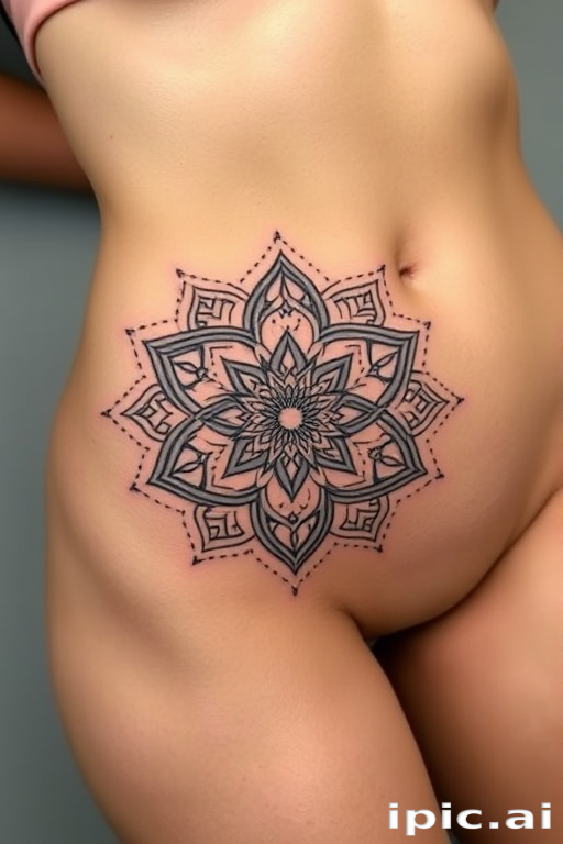Mandala underboob tattoo with intricate geometric patterns and delicate dot work, designed to accentuate the natural curves of the body for a flattering and feminine look