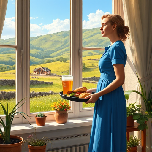 In "A Glass of Beer on the Highland," a serene scene is depicted in a sunlit room where a woman in a vibrant blue dress stands by a large window. She holds a tray with a hearty meal and a frothy glass of beer, embodying a moment of relaxation. Outside, the breathtaking highland landscape features rolling green hills and a charming traditional house, all bathed in warm afternoon light. The interior is adorned with potted plants, creating a harmonious blend of comfort and nature. The painting beautifully captures the tranquility and joy found in simple pleasures amidst stunning scenery