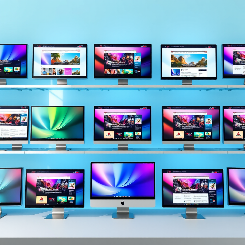 Create an image of nine computer monitors displaying various colorful web page layouts, with a light blue background, high resolution, 50mm lens, f/2.8 aperture, ISO 100, and soft natural lighting.