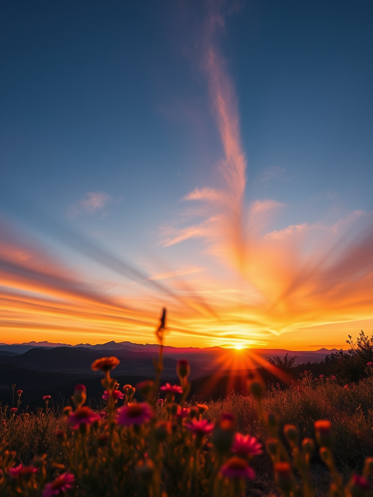 Create a vibrant sunset landscape with mountains in the background, foreground with wildflowers, shot with a Canon EOS R5 at f/8, 1/200s, ISO 100, wide-angle lens at 24mm, in HDR style for enhanced detail and color depth.