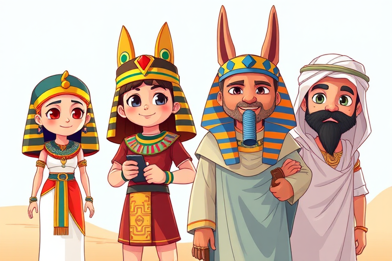 Create a vibrant illustration of four animated characters in historical costumes: an ancient Egyptian girl, an archaeologist, the Egyptian god Anubis, and a Middle Eastern man, using a digital art style with bright colors and clear outlines, captured with a Canon EOS R5 in portrait mode at f/4, 1/250 sec, ISO 100, with soft natural lighting.