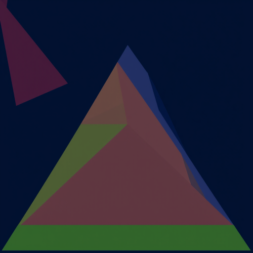create a minimalist vector art image of colorful overlapping triangles in a gradient style against a dark blue background, high resolution, 50mm lens, f/5.6 aperture, ISO 100, top-down view, digital camera