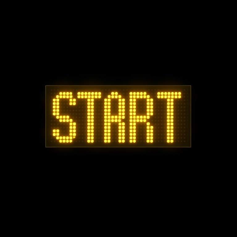 Create a high-resolution image of a large, illuminated digital display showing the word "START" in a bold, yellow, seven-segment font, centered against a black background, soft spotlight effect beneath the text, captured with a DSLR camera, 50mm lens, f/1.8 aperture, ISO 100, and a shallow depth of field for enhanced clarity and focus on the text.