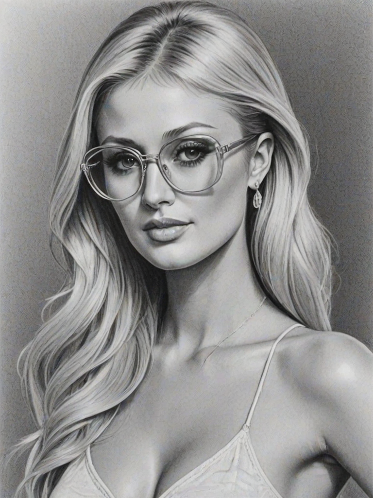 Sublime Paris Hilton, pencil sketch, portrait of Superb woman 1969s in glasses, hair style beatnik, outline, clear lines, fine lines, 8k