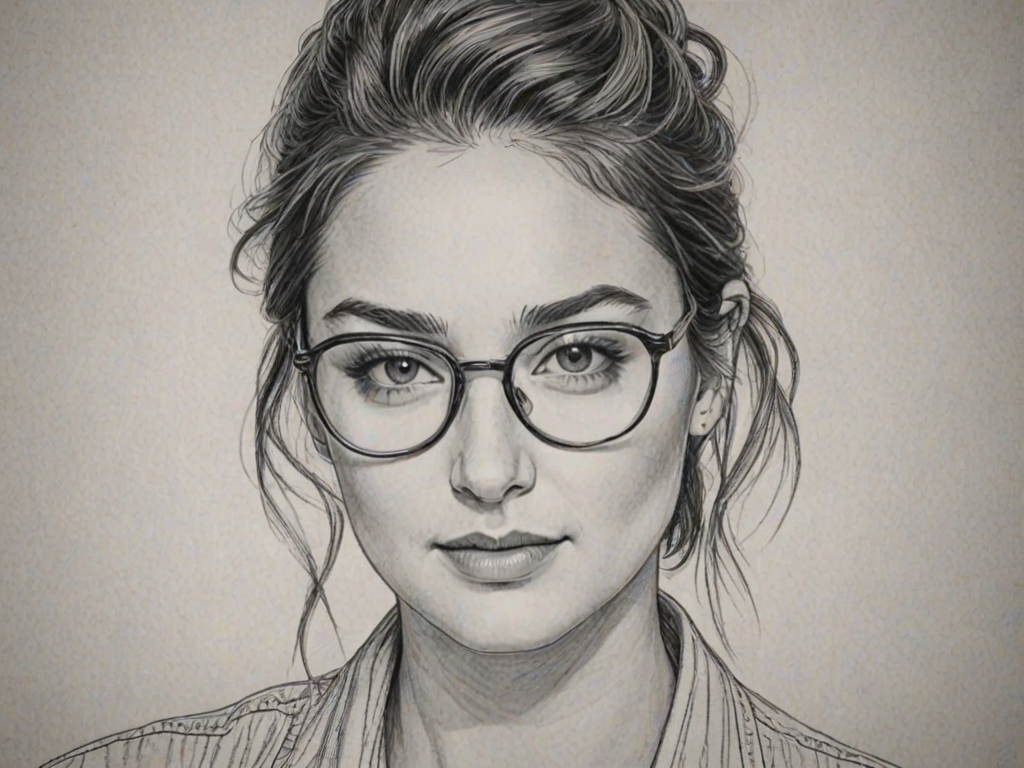 Captivating Shailene Woodley, pencil sketch, portrait of Attractive woman 1980s in glasses, hair style beatnik, outline, clear lines, fine lines, 8k