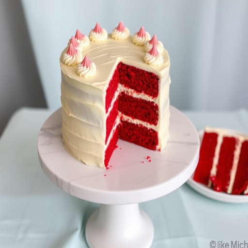 A beautifully decorated red velvet cake with cream cheese frosting on a white marble cake stand featuring a slice removed revealing layers of red cake and creamy filling with a light blue tablecloth in the background and a plate of cake slices nearby.