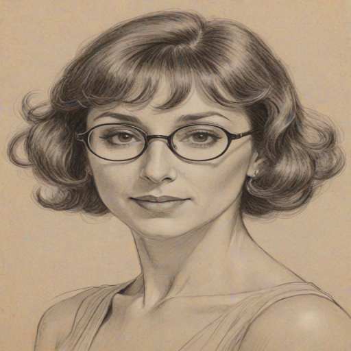 Fetching Andrea Martin, pencil sketch, portrait of Graceful woman 1931s in glasses, hair style beatnik, outline, clear lines, fine lines, 8k
