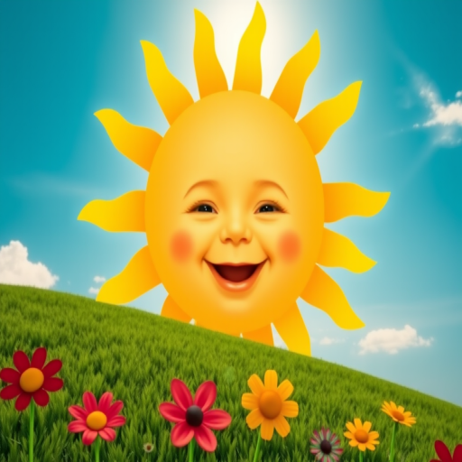 Create an image shows a bright, sun with a smiling baby's face in the center, radiating soft yellow rays. The sun is set against a clear blue sky with a few wispy clouds. Below, there's a lush green grassy hill with colorful, oversized flowers, giving the scene a whimsical, playful atmosphere.